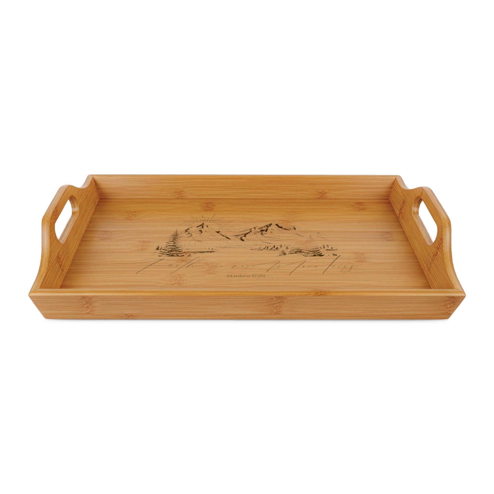 Engraved Bamboo Serving Tray — Mountain Lake Scene, Rustic Breakfast & Charcuterie Tray