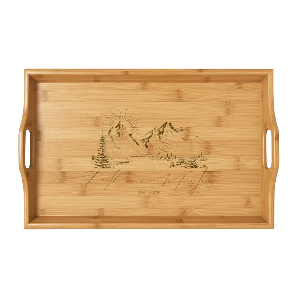 Engraved Bamboo Serving Tray — Mountain Lake Scene, Rustic Breakfast & Charcuterie Tray