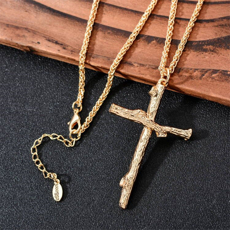Men's Fashion Jewelry Long Jesus Necklace Wood Grain Cross