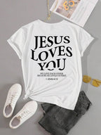 Jesus Loves You Letter Print Women T-Shirt