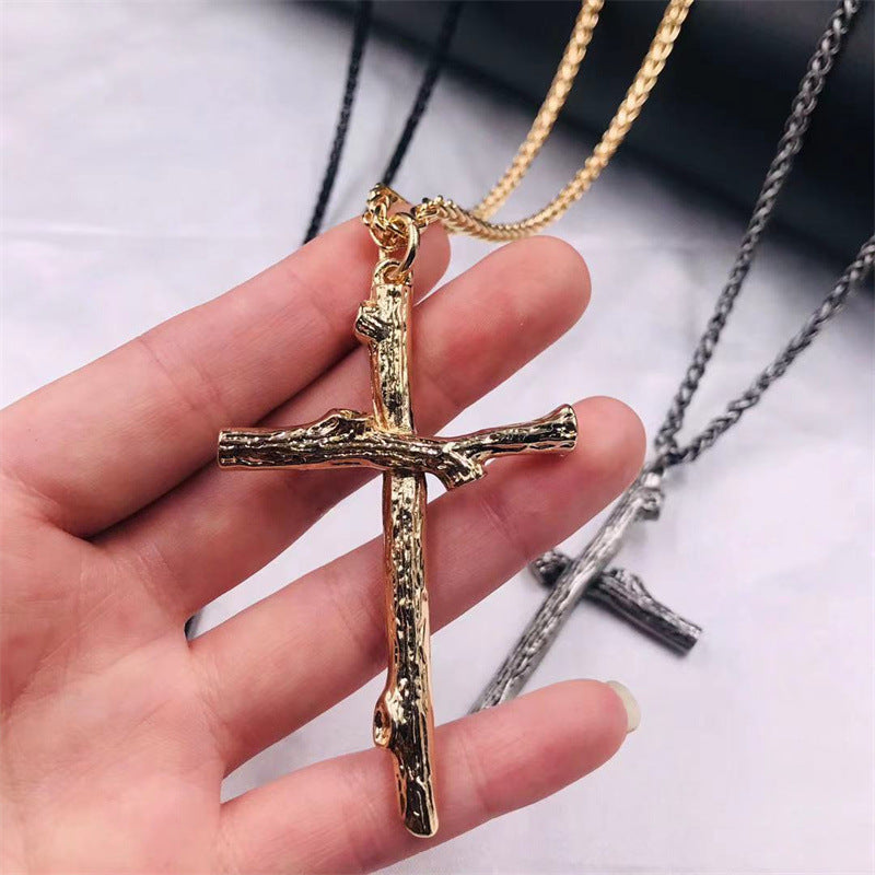 Men's Fashion Jewelry Long Jesus Necklace Wood Grain Cross