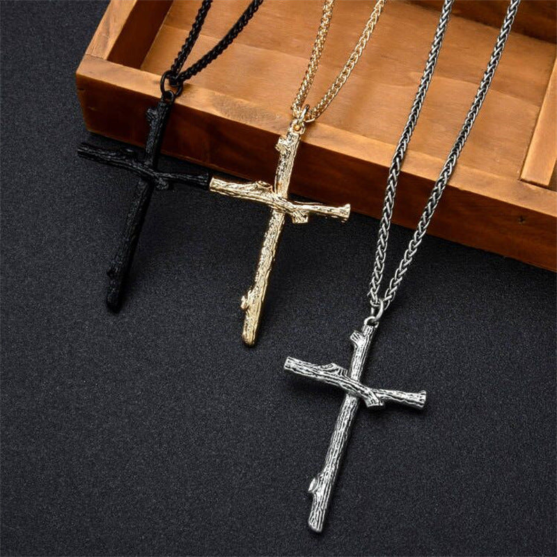 Men's Fashion Jewelry Long Jesus Necklace Wood Grain Cross